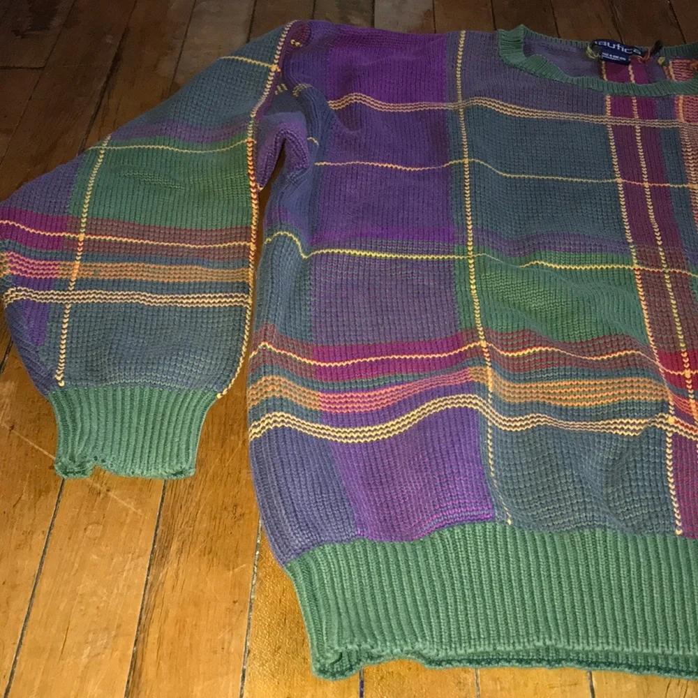 Nautica Multicolor Plaid Crewneck Sweater - Green, Purple & Red Accents